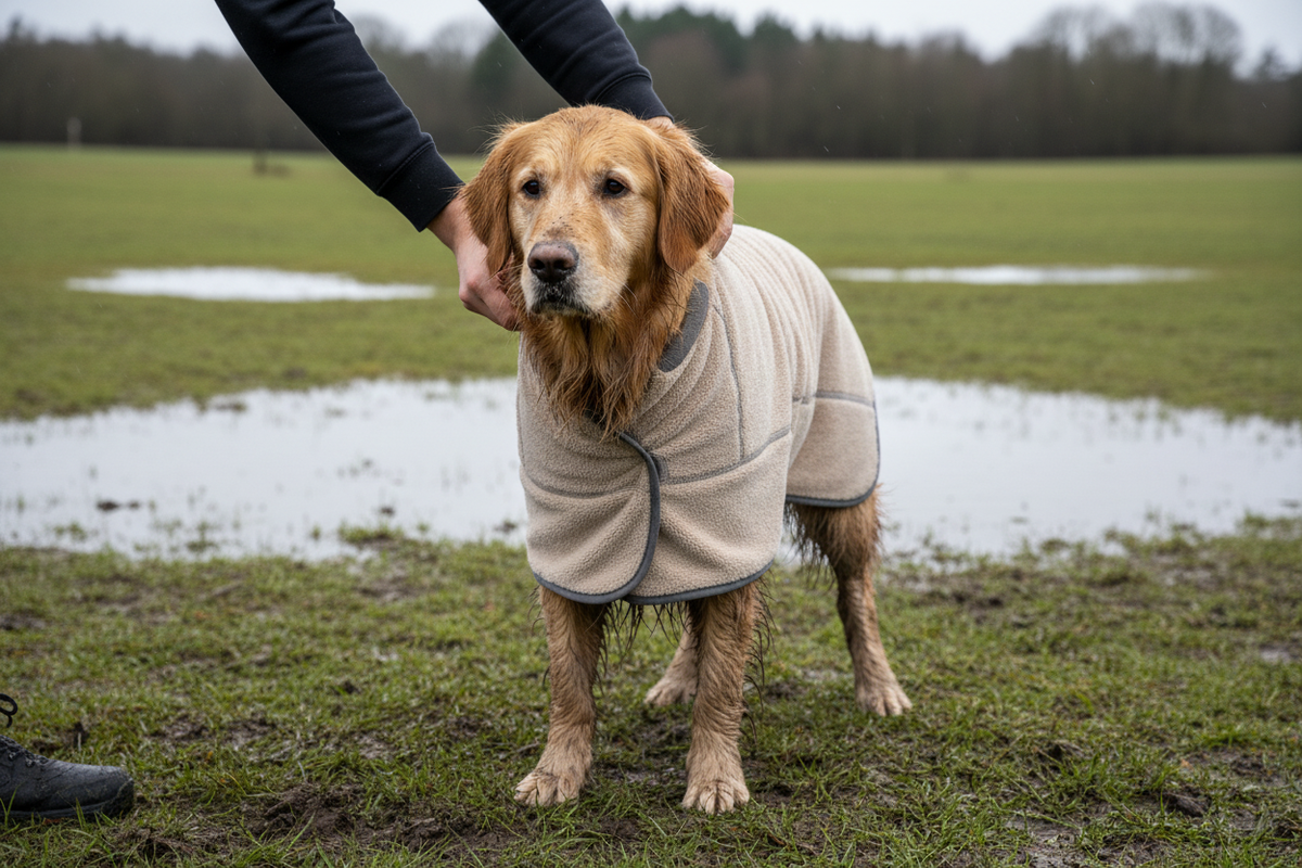 Golden retriever in a mid-length microfibre drying robe outdoors