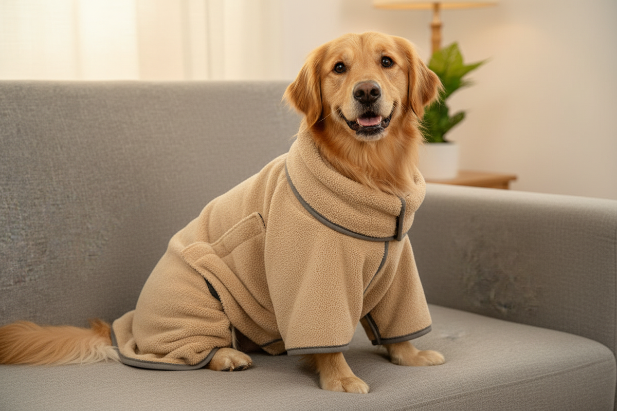 Golden retriever in a neutral microfibre drying bag coat